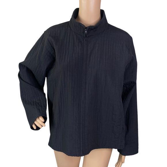Eileen Fisher Black Minimalist Textured Mock Funnel Neck Zip Up Jacket Size PL - Picture 1 of 11